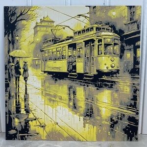 Tram Rainy Street Scene Wall Art, Textured Art